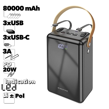 Внешний АКБ BOROFONE BJ32 Terra 80000 mAh, 22.5W, 3хUSB, 3xUSB-C, 3А, PD20W, LED, Li-Pol (черный)