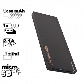 Внешний АКБ WK Kpower WP-017 5000 mAh, 1xUSB, 2.1A, MisroSD, Li-Ion (черный)