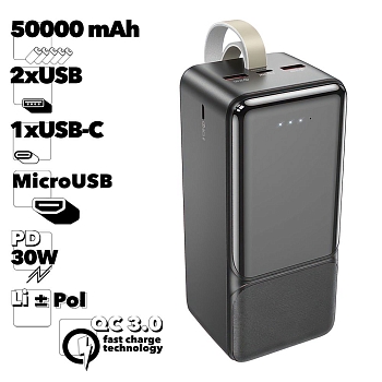 Внешний АКБ BOROFONE BJ33D Сreed 50000 mAh, 2xUSB, 1xUSB-C, 3А, QC 3.0, PD30W, Li-Pol (черный)