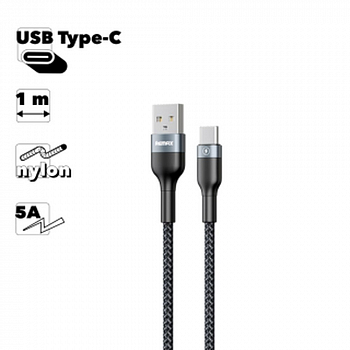 USB кабель REMAX RC-173a Sury 2 Type-C, 5А, 1м, нейлон (черный)