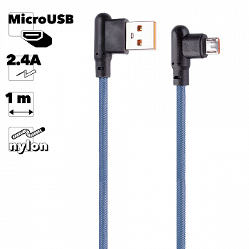 USB кабель "LP" Micro USB Г-коннектор оплетка леска (синий/блистер)