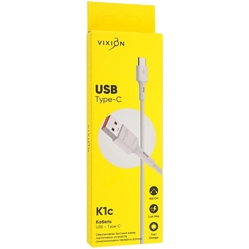 Кабель USB Vixion (K1c) Type-C, 1 метр, белый