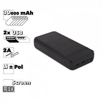 Внешний АКБ REMAX RPP-141 Leader 30000mAh, 2xUSB, 2А, LED дисплей, Li-Pol (черный)