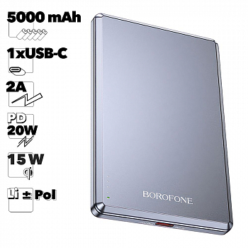 Внешний АКБ BOROFONE BJ50 Leader 5000 mAh, 1xUSB-C, 15 W, 2А, PD20W, магнитный, Li-Pol (серый)