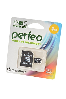 Карта памяти Perfeo MicroSD 4GB High-Capacity (Class 10), с адаптером