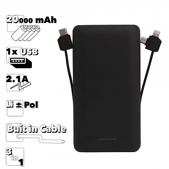 Внешний АКБ WK Tinjur WP-141 20000 mAh, 1xUSB, 2.1А, Li-Ion (черный)