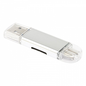 OTG 3 в 1 USB/USB Type-C/Micro USB на MicroSD картридер (серебро/коробка)