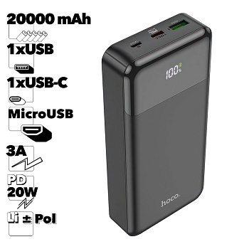 Внешний АКБ HOCO J102A Cool Figure 20000mAh, 1xUSB, 1xUSB-C, 3А, QC3.0, PD20W, LED, Li-Pol (черный)